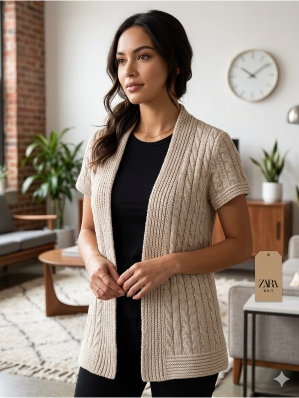 Zara Knit Beige Cable Knit Short Sleeve Open Front Cardigan Sweater 1757